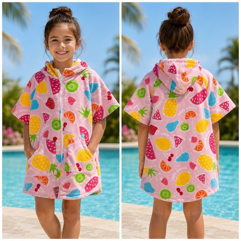 Tommy Bahama Girls Pink Fun Fruit Print Terry Cloth Hooded Beach Cover Up 7-12